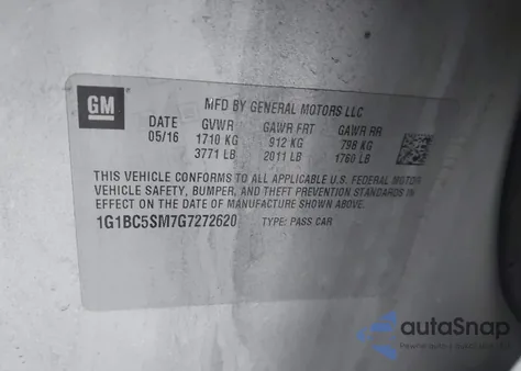 2016 Chevrolet Cruze Ls Auto z USA, uszkodzony, nr VIN 1G1BC5SM7G7272620